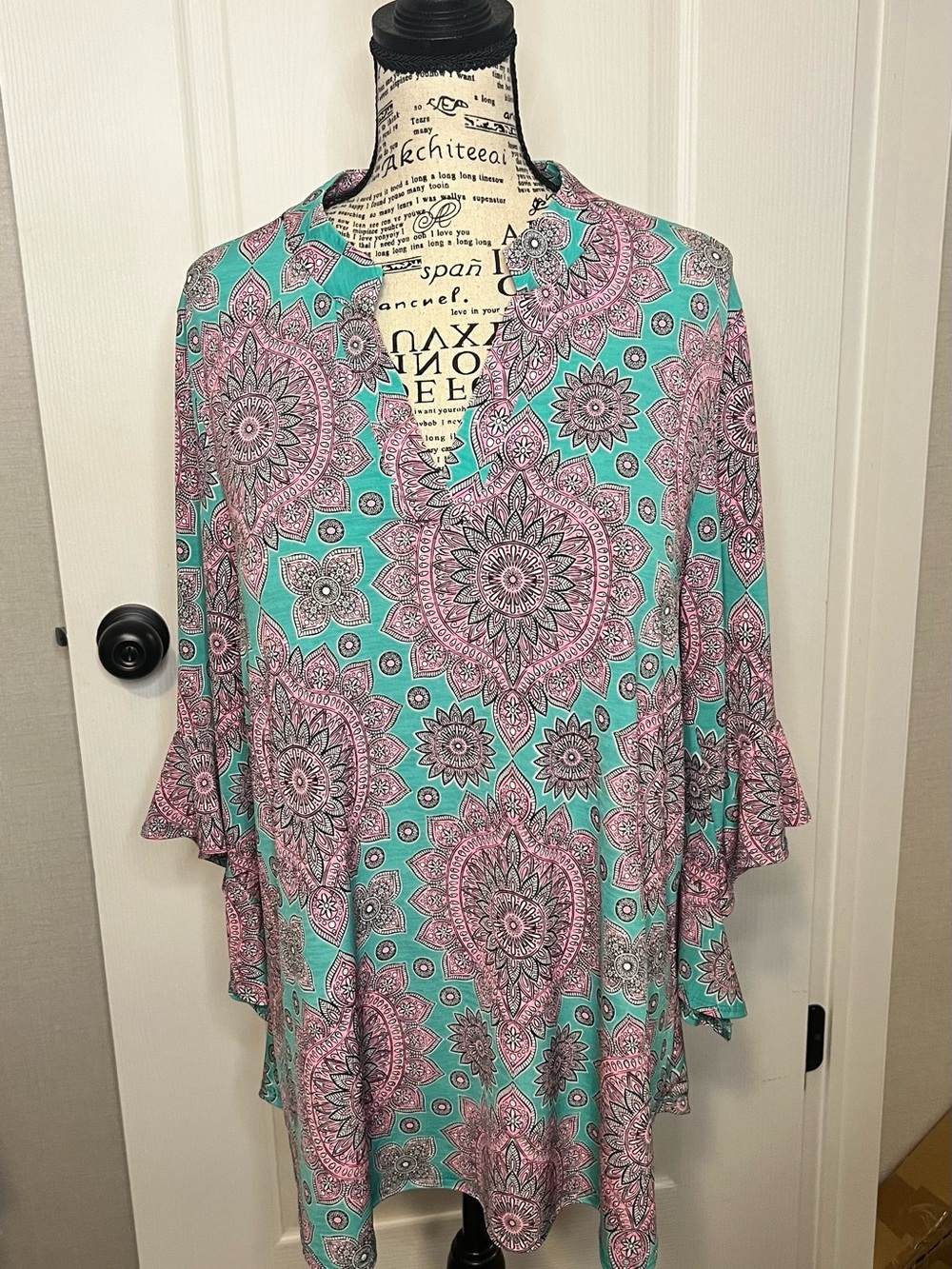 Honeyme Teal and Pink Medallion Tunic Top
